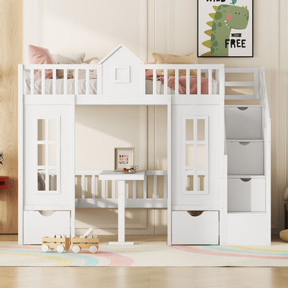 Twin Over Twin Bunk Bed With Changeable Table, Turn Into Upper Bed And Down Desk - White