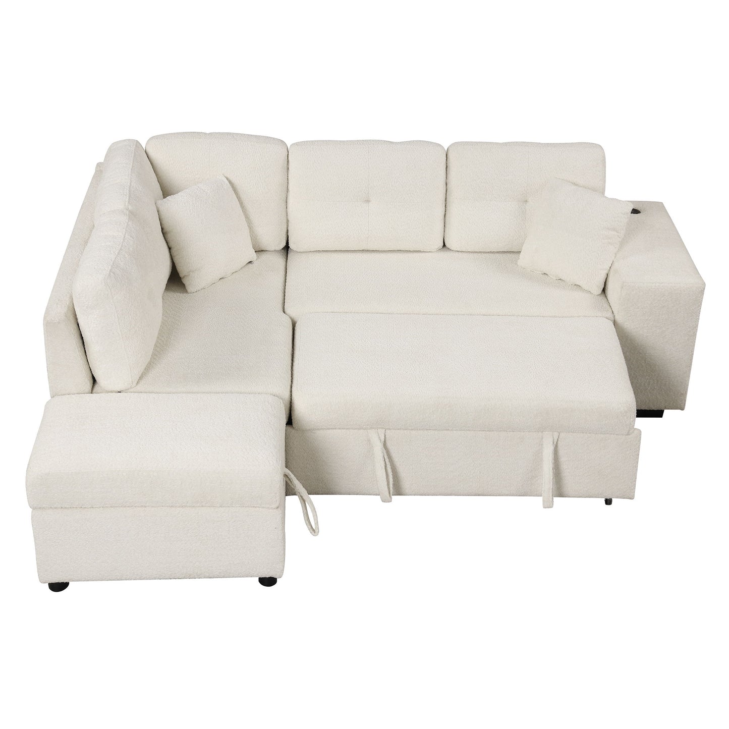 Convertible Sleeper, Sectional Pull Out Sofa Bed With Storage Ottoman, 2 Throw Pillows, 2 Stools, Wireless Charger And Two Hidden USB Ports For Living Room - Cream