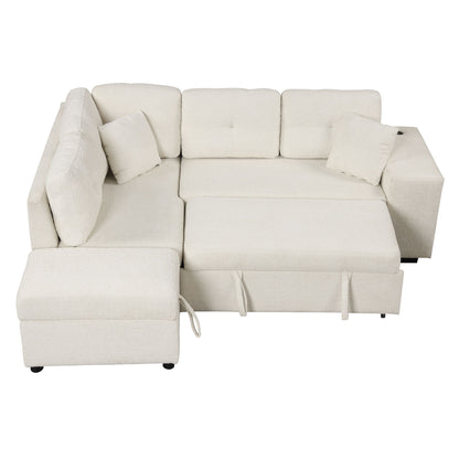 Convertible Sleeper, Sectional Pull Out Sofa Bed With Storage Ottoman, 2 Throw Pillows, 2 Stools, Wireless Charger And Two Hidden USB Ports For Living Room - Cream
