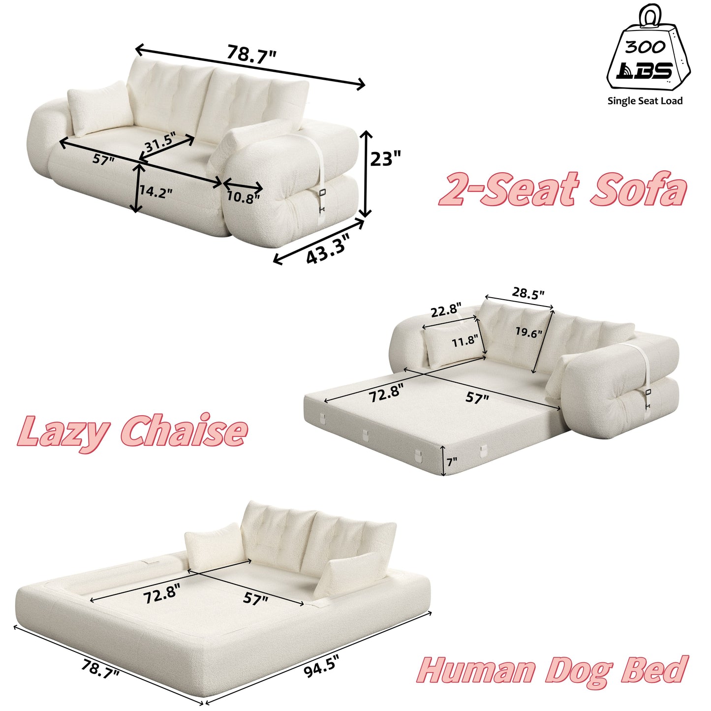 Human Dog Bed, Lazy Sofa Couch, Multifunctional Foldable Sofa Bed, 3 In 1 Teddy Fabric Sleeper Sofa Bed For Living Room Guest Bed, Playroom - Beige