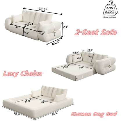 Human Dog Bed, Lazy Sofa Couch, Multifunctional Foldable Sofa Bed, 3 In 1 Teddy Fabric Sleeper Sofa Bed For Living Room Guest Bed, Playroom - Beige