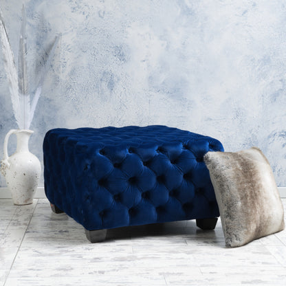 Modern Glam Ottoman With Velvet Upholstery And Button Tufted Design - Navy Blue