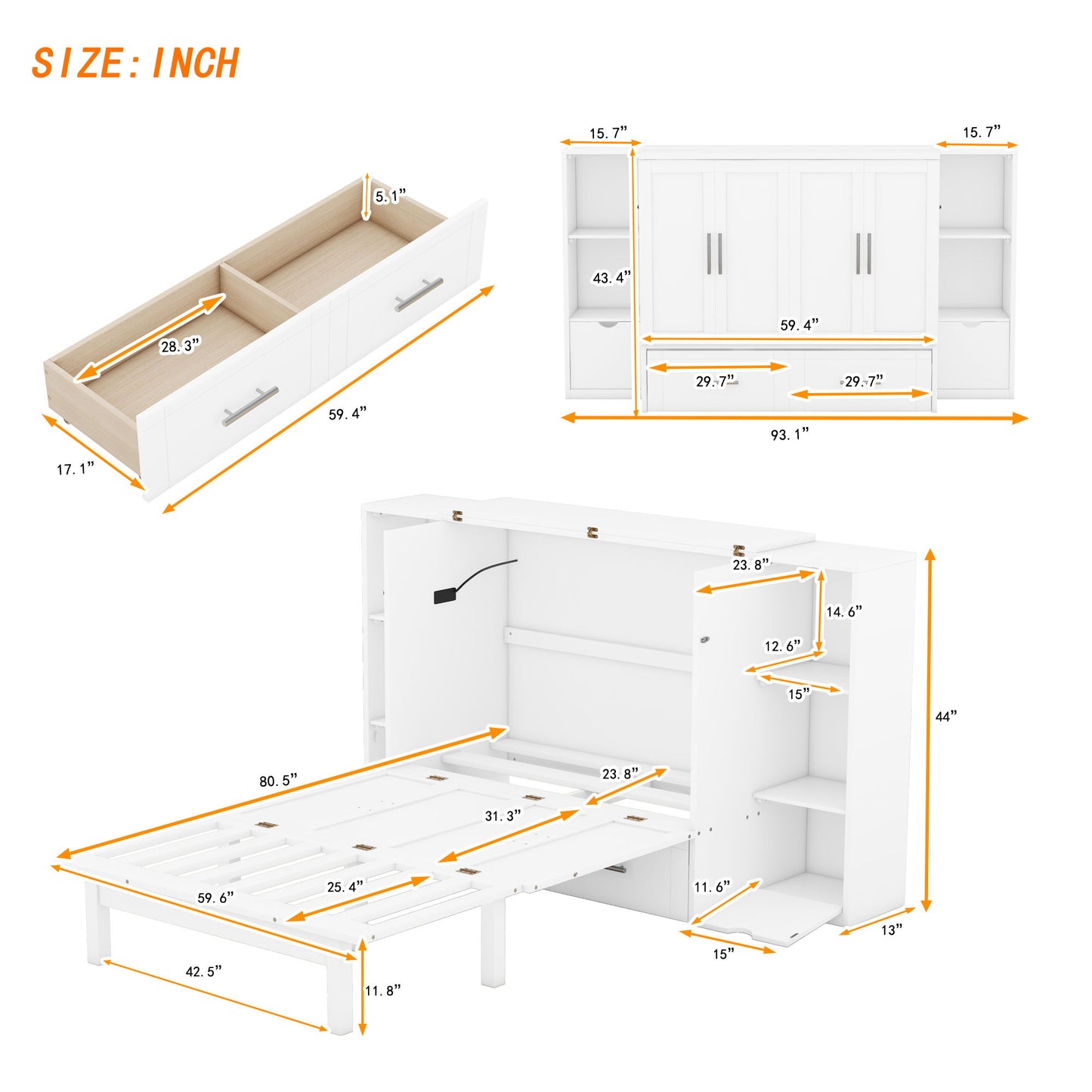 Queen Size Murphy Bed With Shelves, Drawers And USB Ports - White