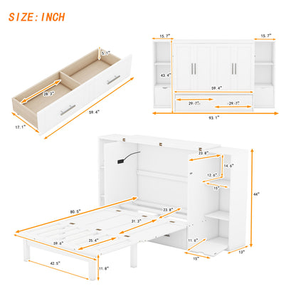 Queen Size Murphy Bed With Shelves, Drawers And USB Ports - White