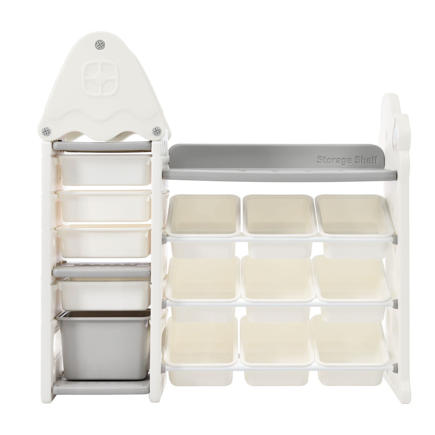 Kids Bookshelf Toy Storage Organizer With 17 Bins And 5 Bookshelves, Multi-Functional Nursery Organizer Kids Furniture Set Toy Storage Cabinet Unit With HDPE SheLF And Bins - Gray
