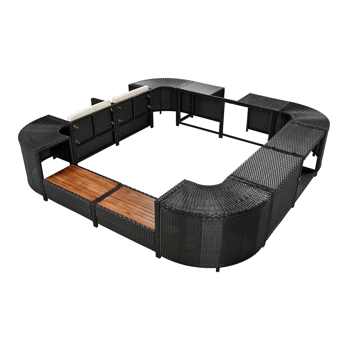Spa Surround Spa Frame Quadrilateral Outdoor Rattan Sectional Sofa Set With Mini Sofa, Wooden Seats And Storage Spaces - Beige