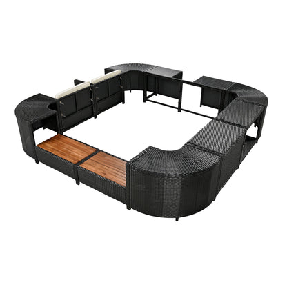 Spa Surround Spa Frame Quadrilateral Outdoor Rattan Sectional Sofa Set With Mini Sofa, Wooden Seats And Storage Spaces - Beige