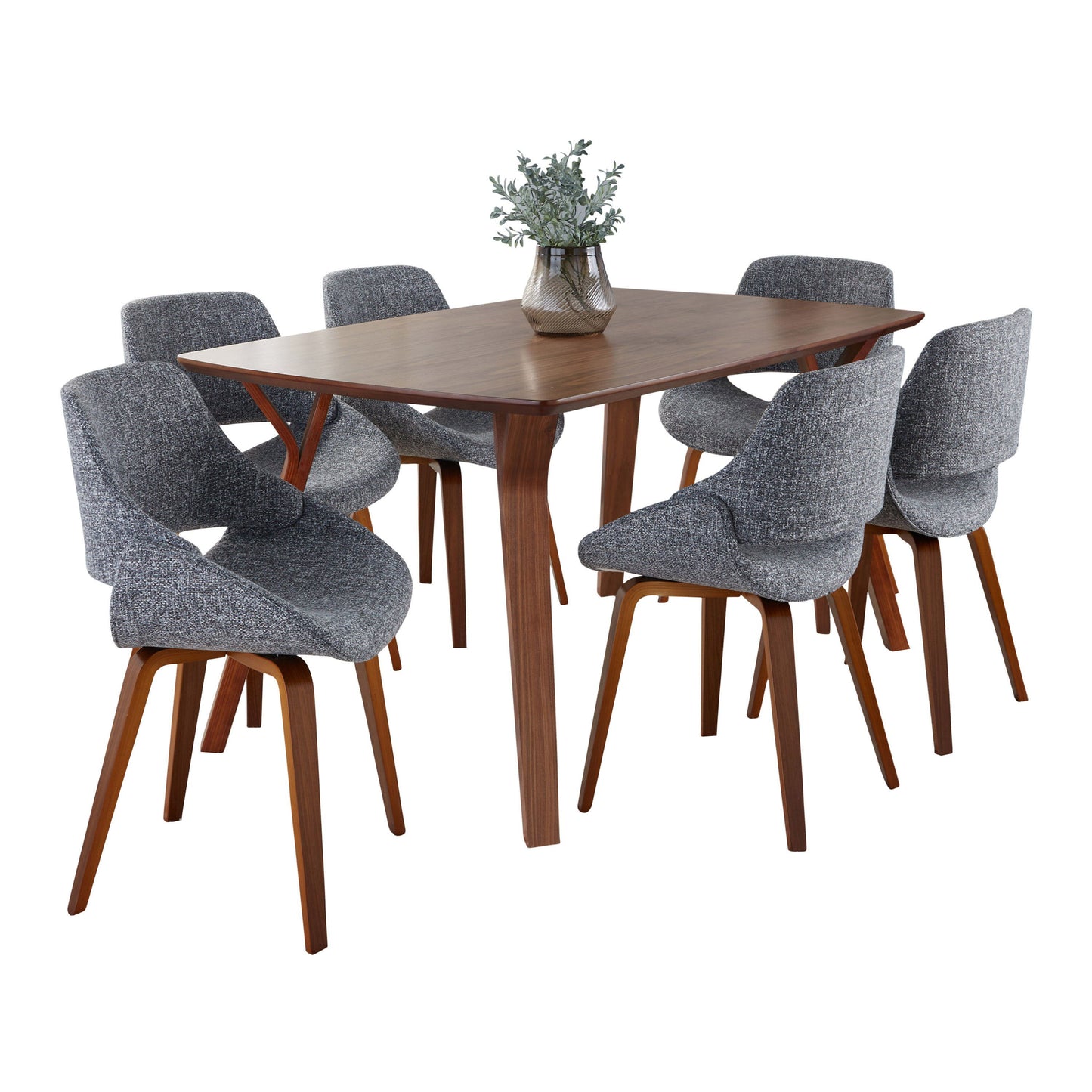Folia Fabrico - 7 Piece Mid-Century Modern Dining Set - Walnut / Gray