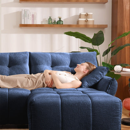 Modern Fabric 2 Seater Sofa With Ottoman Minimalist Design - Blue