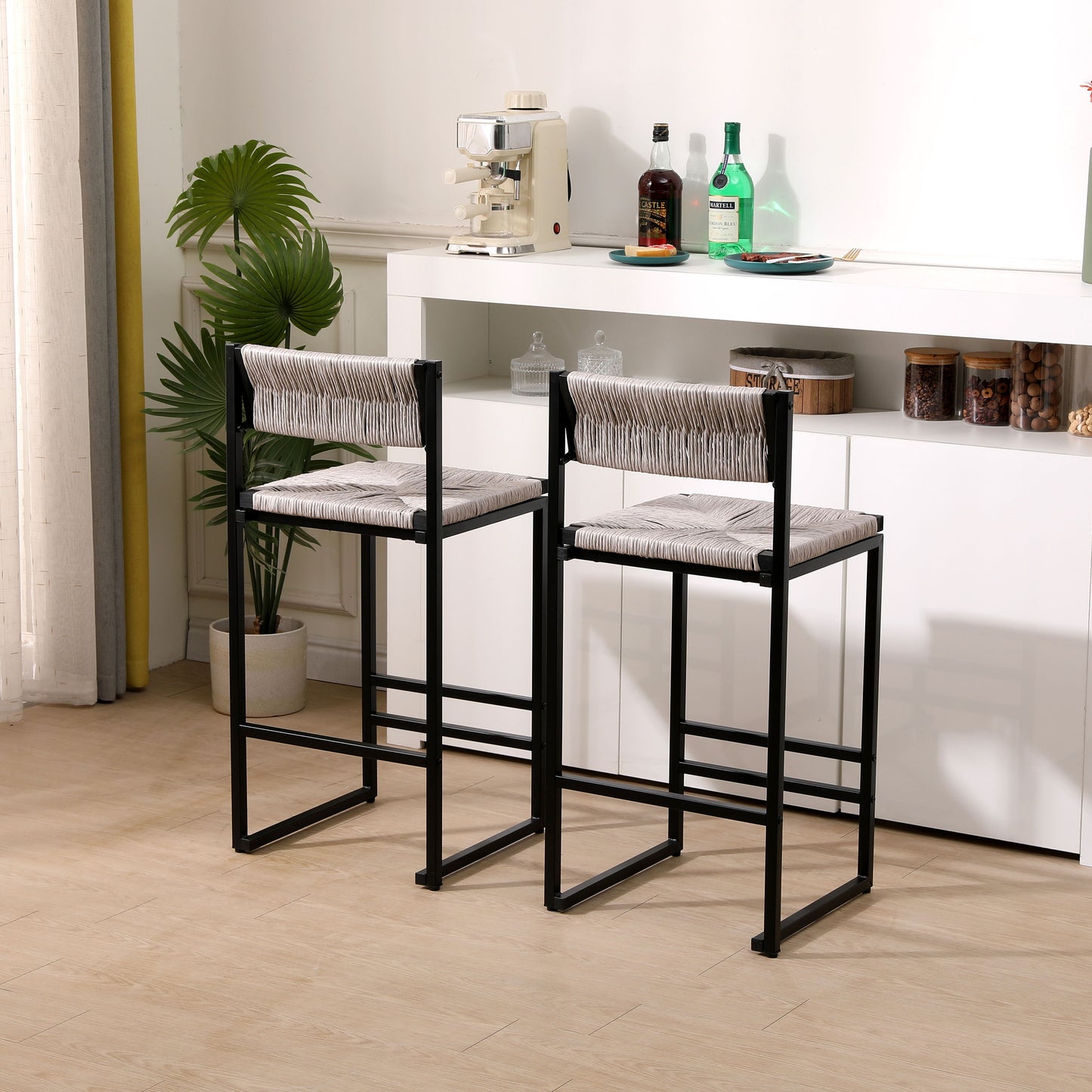 Hand Weave Bar Stools With Back Counter Height Bar Chairs (Set of 2), Paper Rope Woven Dining Stool For Kitchen, Home & Office - Gray