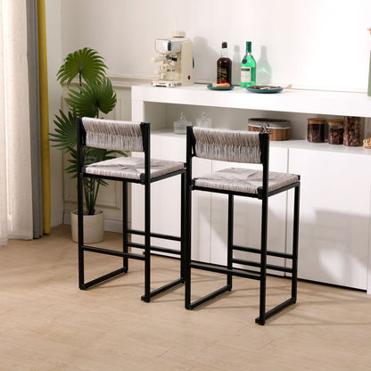 Hand Weave Bar Stools With Back Counter Height Bar Chairs (Set of 2), Paper Rope Woven Dining Stool For Kitchen, Home & Office - Gray