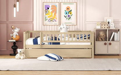 Twin Size Daybed With Trundle And Fence Guardrails - Natural