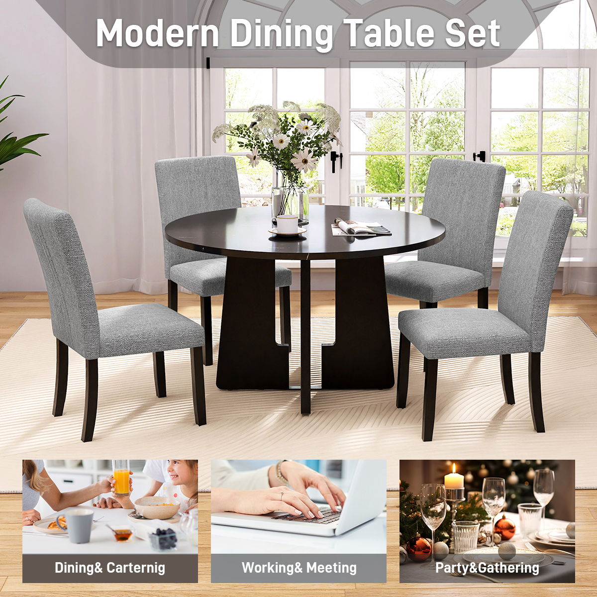 5 Piece Round Dining Table Set, Modern Dining Table And 4 Upholstered Chairs For Dining Room, Kitchen Room, Living Room - Gray / Black