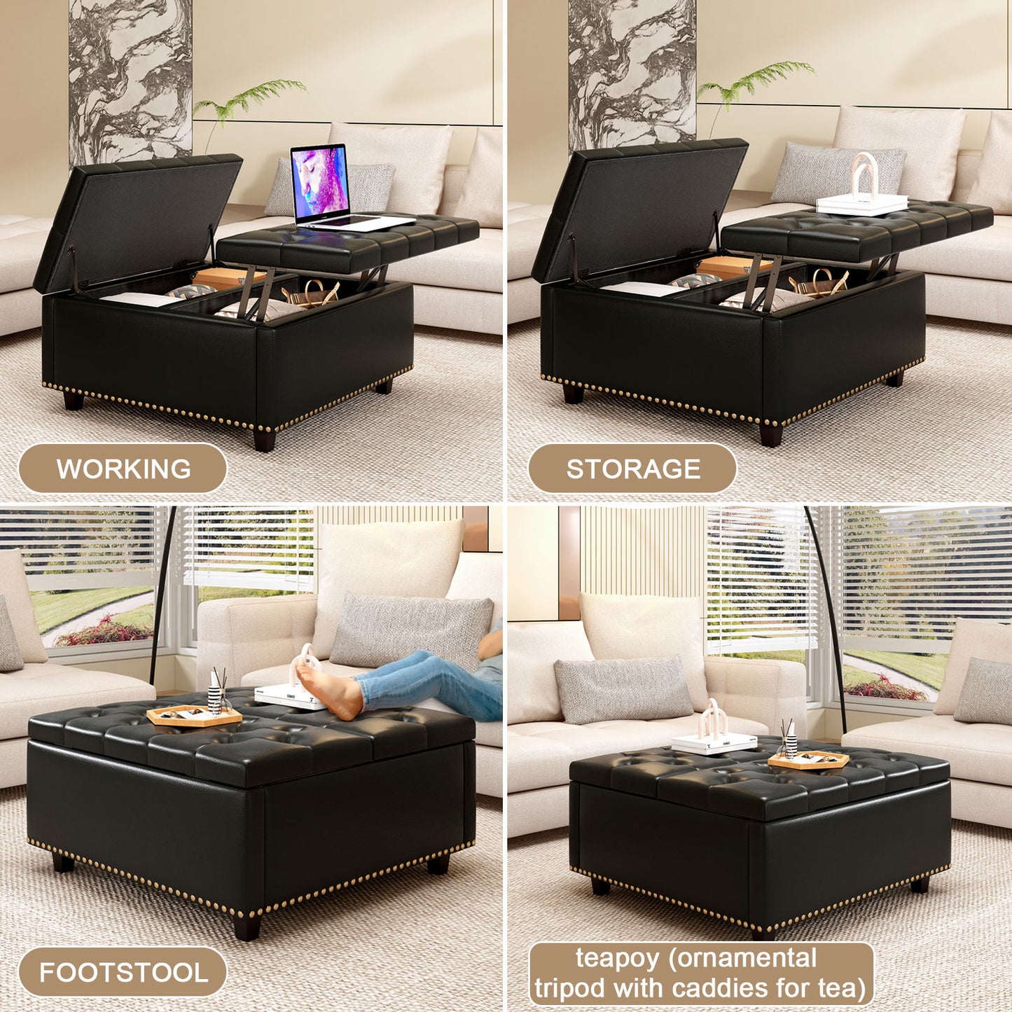 Large Square Storage Stool With 2 Storage Doors, Footstool For Living Room Studded Mid - Century Modern Coffee Table - Black