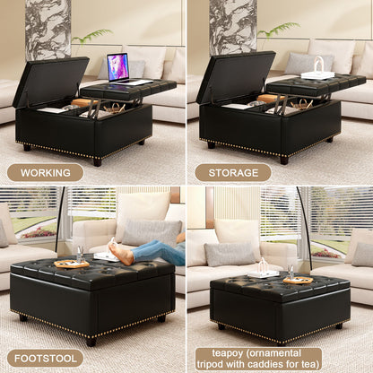 Large Square Storage Stool With 2 Storage Doors, Footstool For Living Room Studded Mid - Century Modern Coffee Table - Black