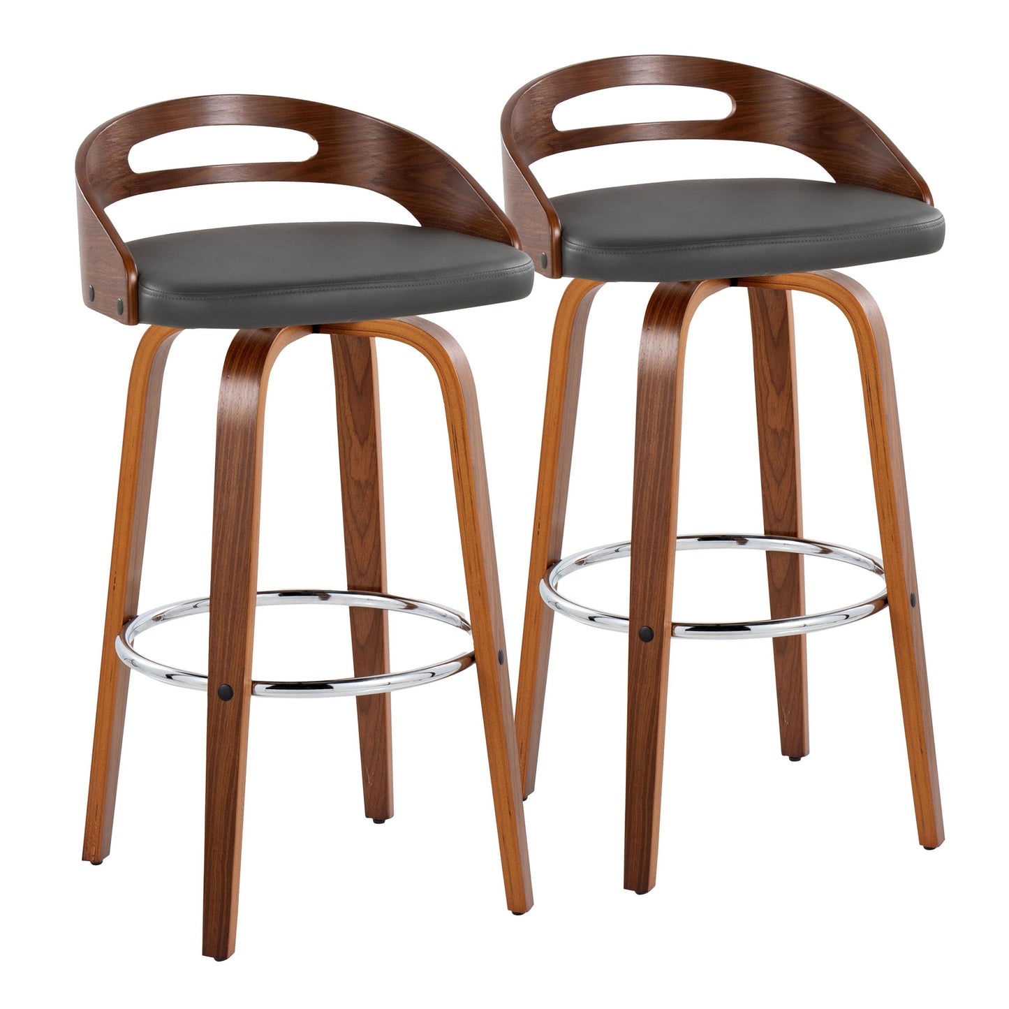 Cassis - Mid-Century Modern Fixed Height Barstool With Swivel With Round Footrest (Set of 2) - Walnut / Gray