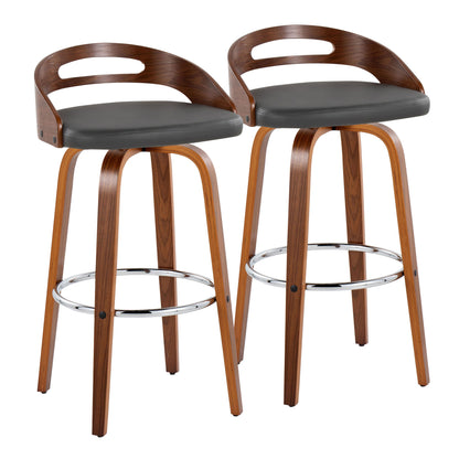 Cassis - Mid-Century Modern Fixed Height Barstool With Swivel With Round Footrest (Set of 2) - Walnut / Gray