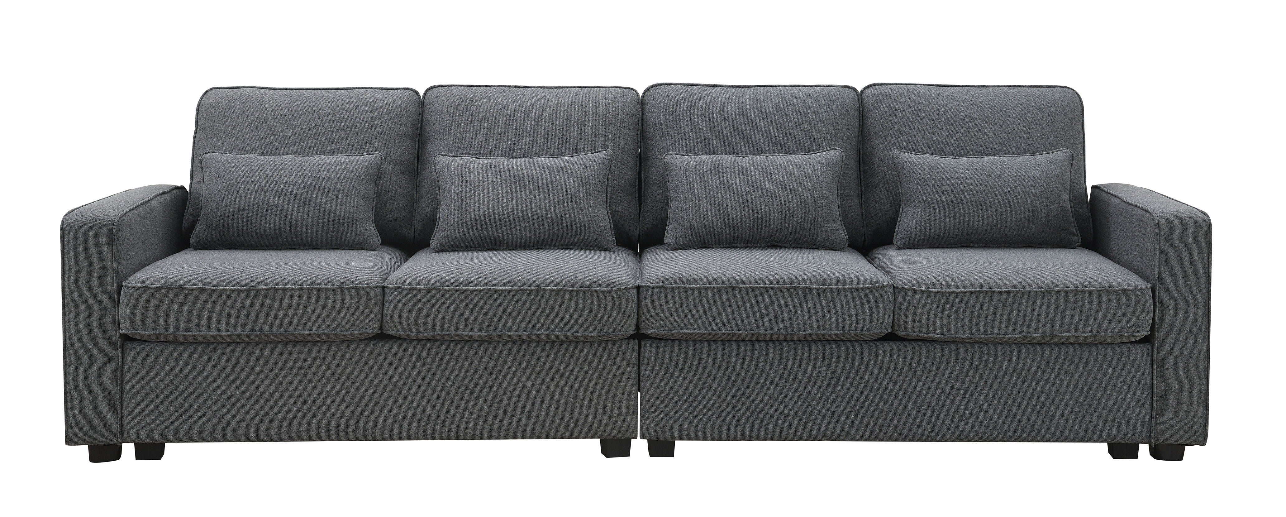 4 Seater Modern Linen Sofa With Armrest Pockets And 4 Pillows, Minimalist Style Couch - Dark Gray