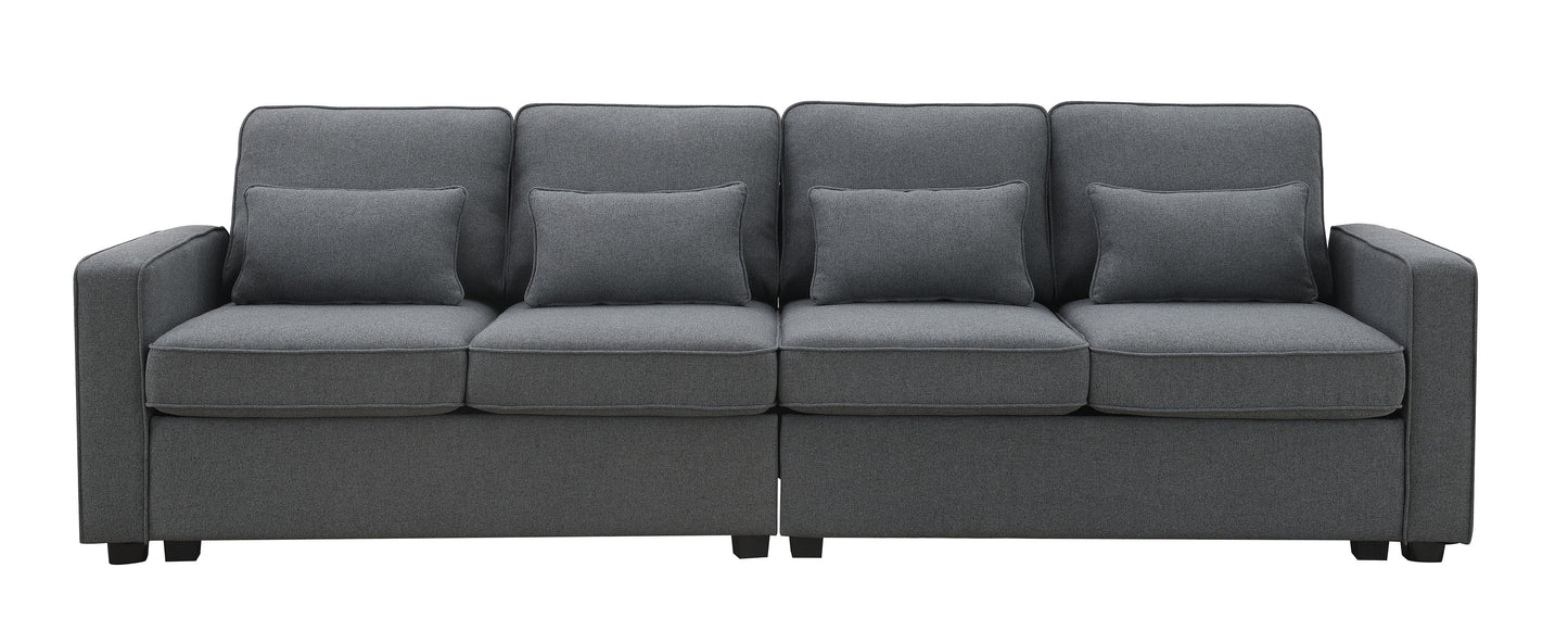 4 Seater Modern Linen Sofa With Armrest Pockets And 4 Pillows, Minimalist Style Couch - Dark Gray