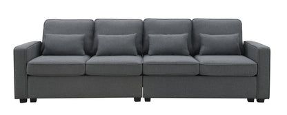 4 Seater Modern Linen Sofa With Armrest Pockets And 4 Pillows, Minimalist Style Couch - Dark Gray