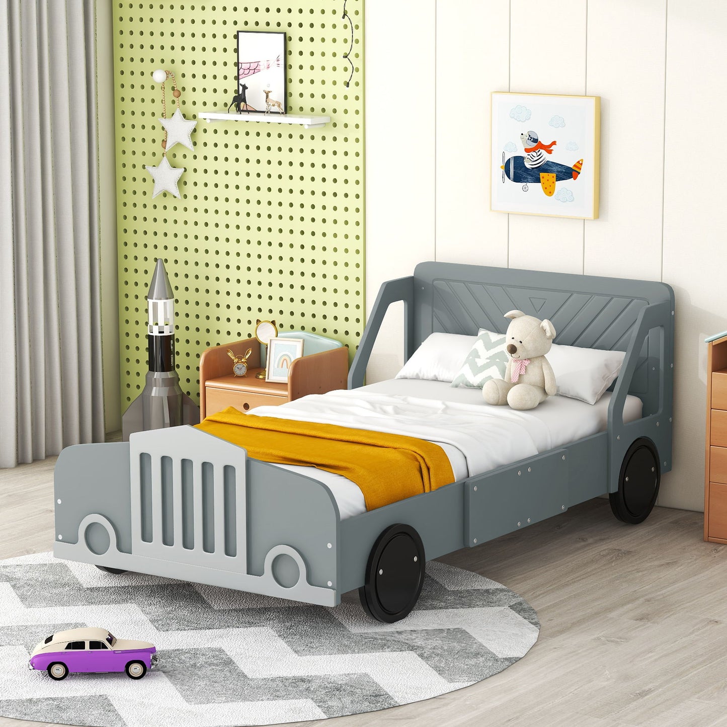 Twin Size Car Shaped Platform Bed With Wheels - Gray