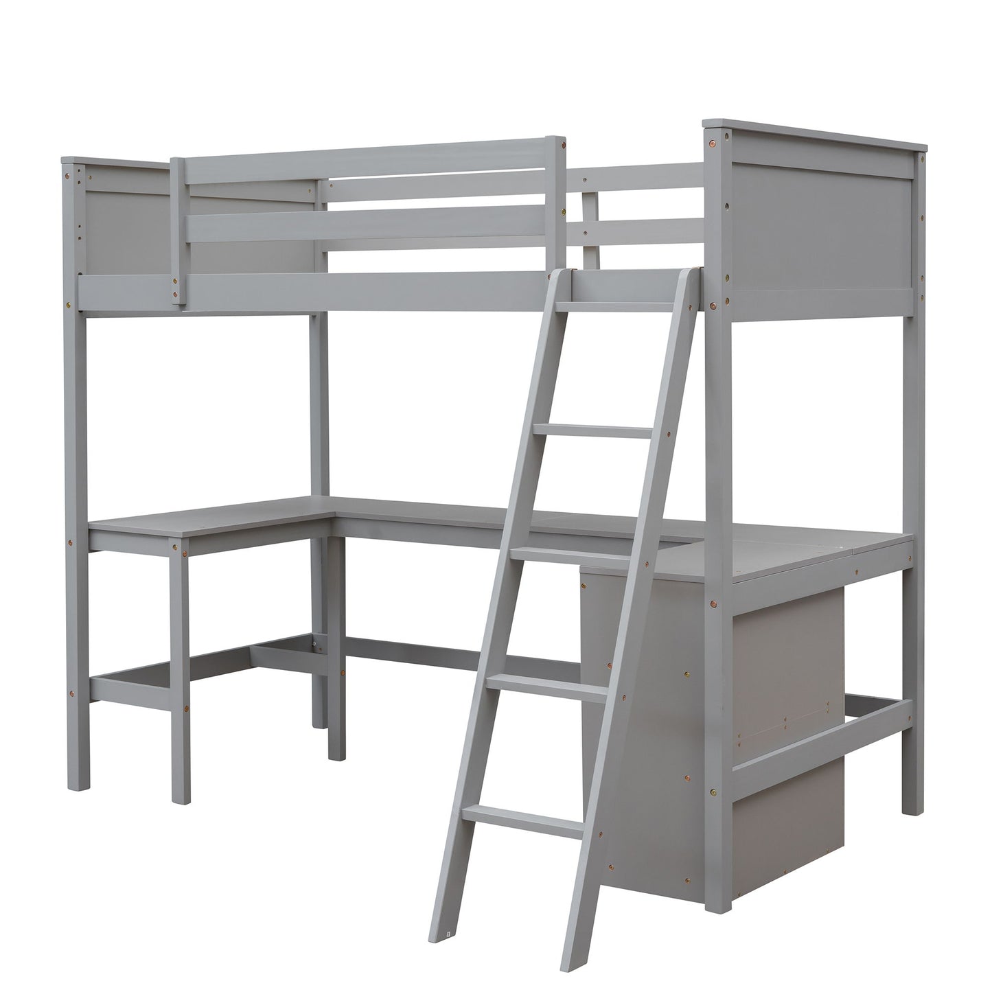 Twin Size Loft Bed With Shelves With Desk - Gray