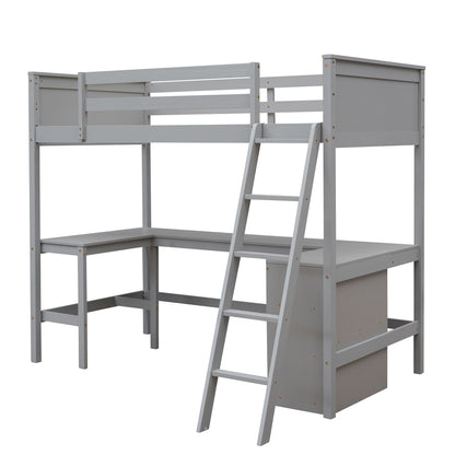 Twin Size Loft Bed With Shelves With Desk - Gray