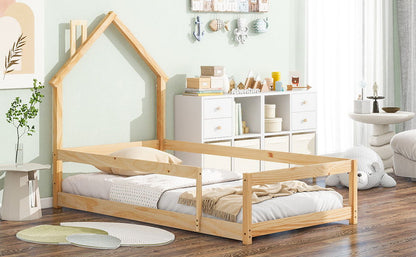 Twin Size Wood Bed With House Shaped Headboard Floor Bed With Fences - Natural