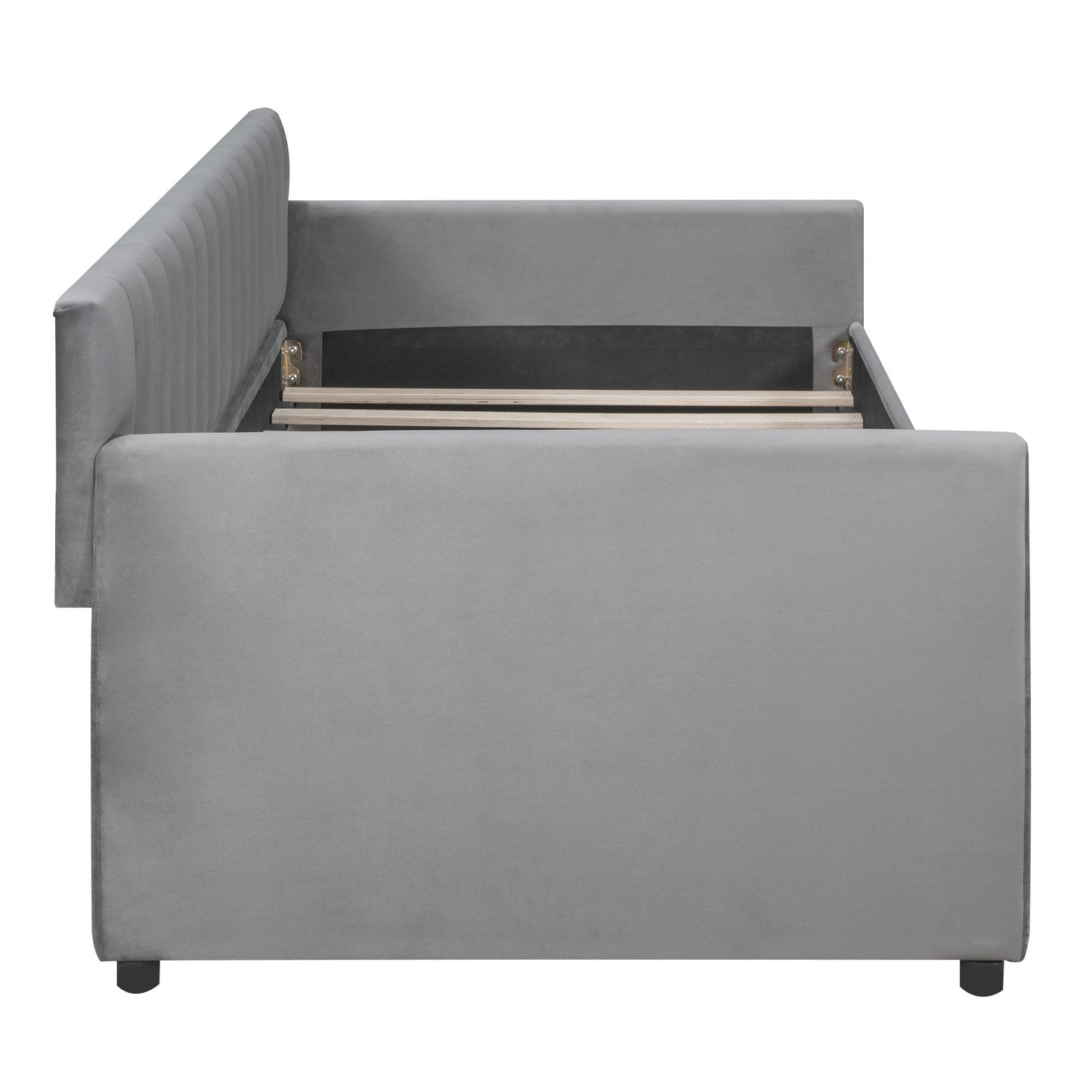 Twin Size Upholstered Daybed & Drawers, Slat Support - Gray