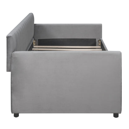 Twin Size Upholstered Daybed & Drawers, Slat Support - Gray