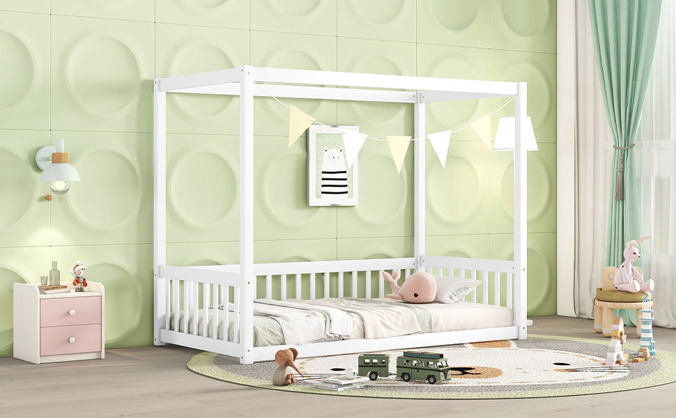 Twin Size Canopy Frame Floor Bed With Fence, Guardrails - White