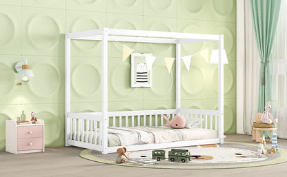 Twin Size Canopy Frame Floor Bed With Fence, Guardrails - White