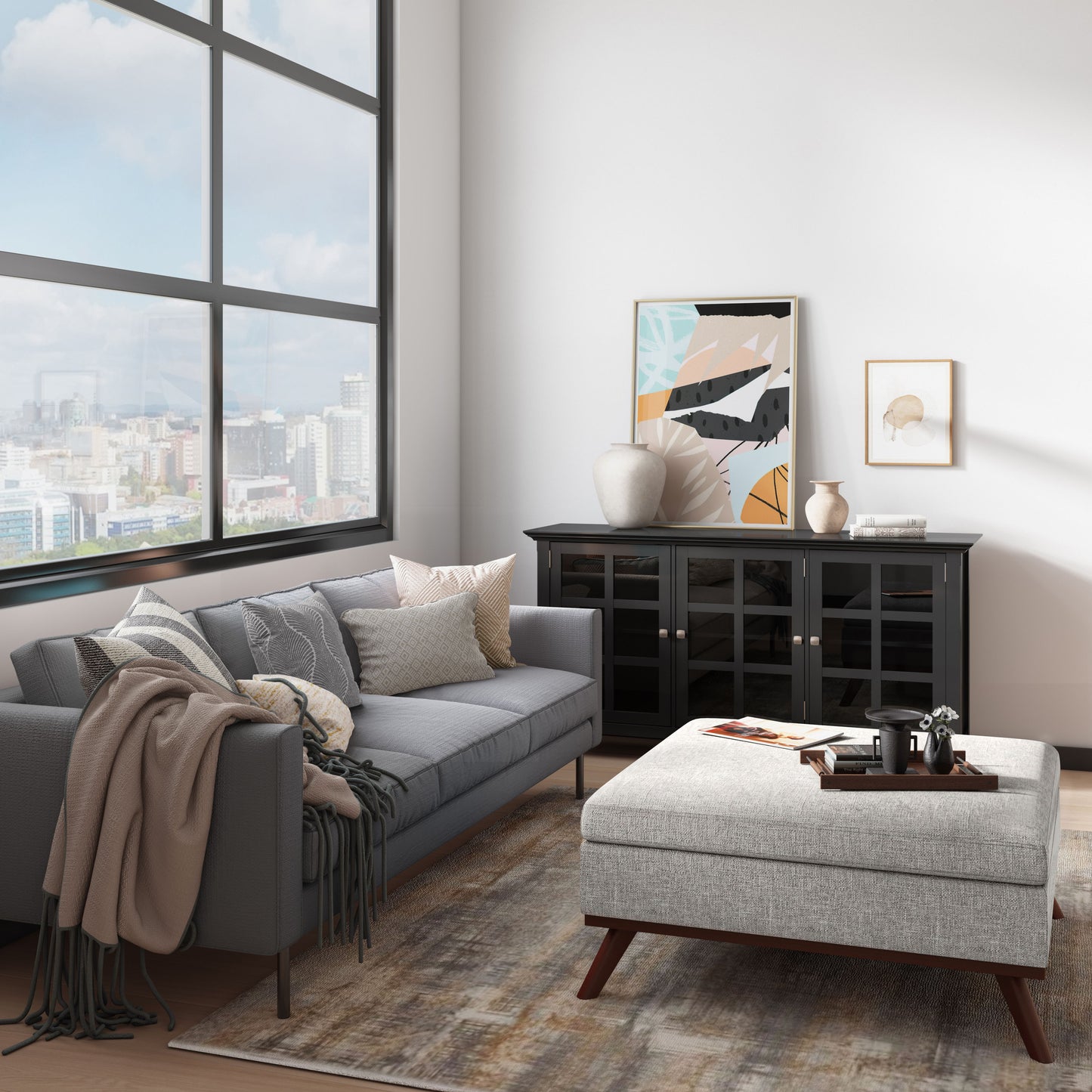 Owen - Square Coffee Table Storage Ottoman - Cloud Gray