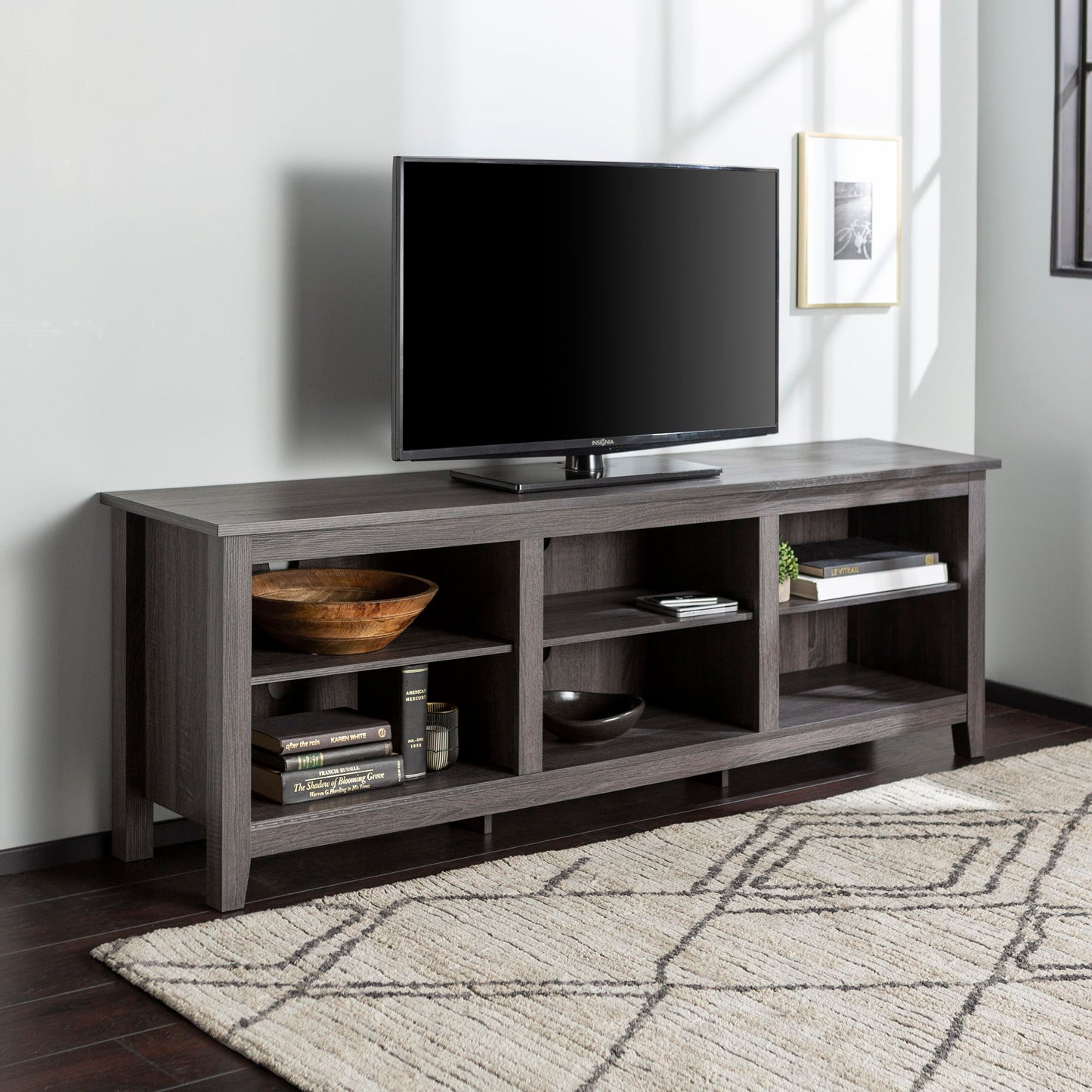 Modern Transitional 3 Shelf Open Storage 70" TV Stand For 80" TVs - Charcoal