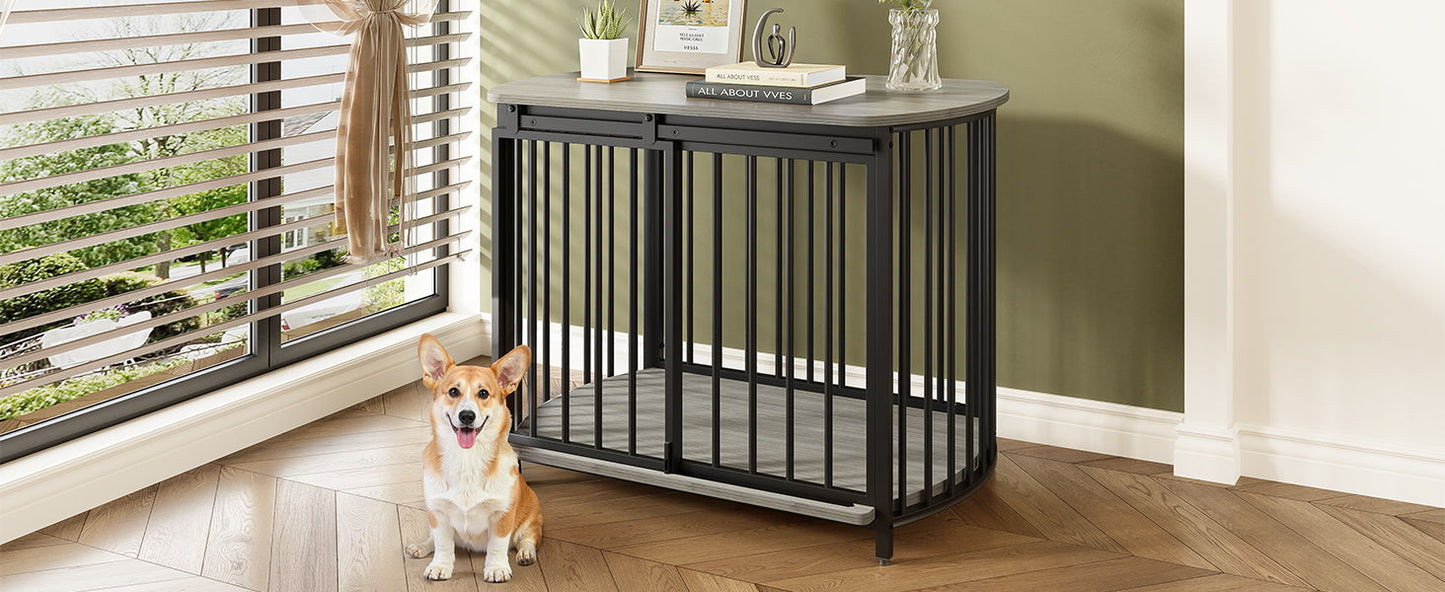 Furniture Style Dog Crate For Small And Medium Dogs, Wooden Cage Indoor Kennel Furniture, Modern Dog Crate End Table With Double Doors - Gray