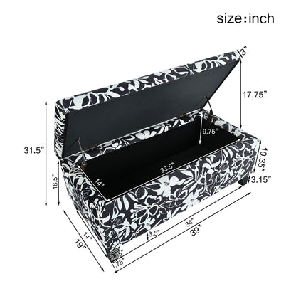 Luxury Storage Ottoman With Floral Patterned Fabric, Soft Close Hinges, Multi Functional Footrest & Seat - Black Floral / White