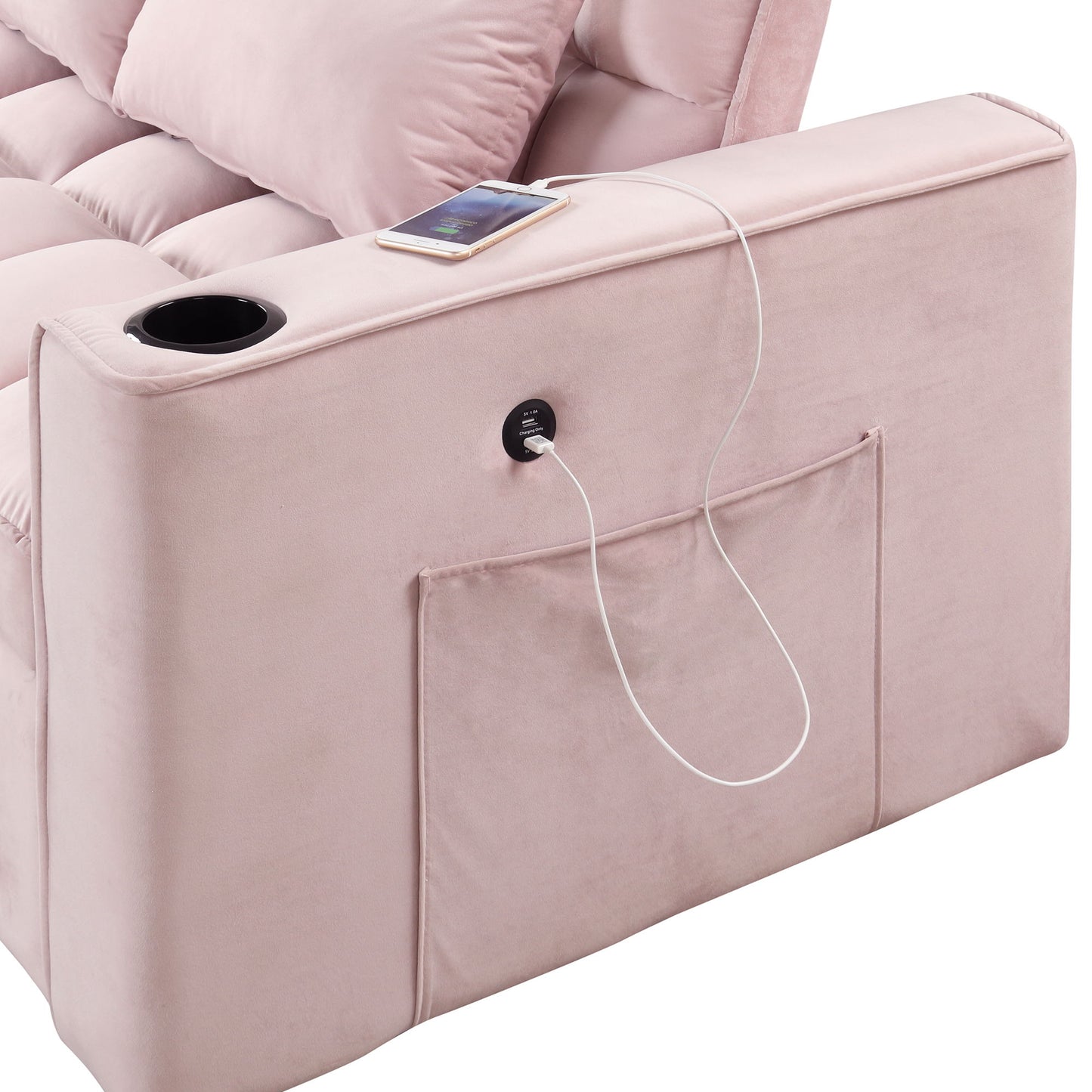 Multi Functional Sofa Bed With Cup Holder And USB Port For Living Room Or Apartments - Pink