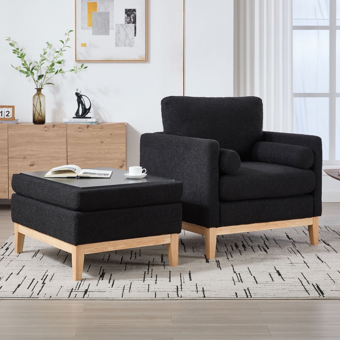 Farmhouse Upholstered Accent Chair With Ottoman Wood Base, Reversible Lid Coffee Table For Living Room - Black