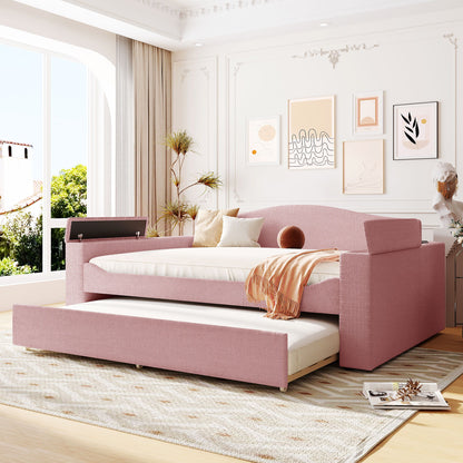 Full Size Upholstered Daybed With Storage Armrests, Trundle And Latest Integrated Bluetooth Audio System, Teddy Fleece - Pink