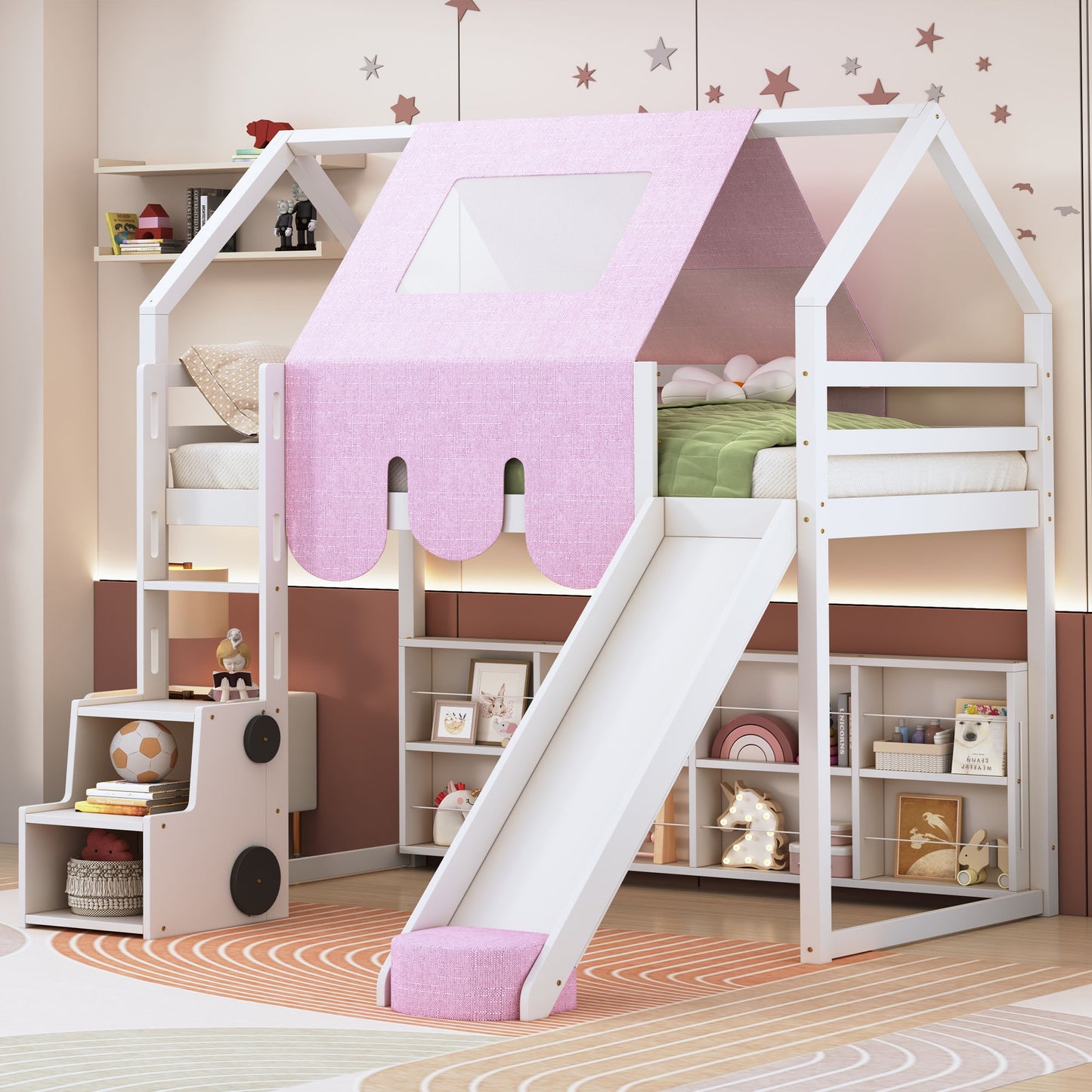 Twin Size Charming House Shaped Loft Bed With Tent And Slide - White / Pink
