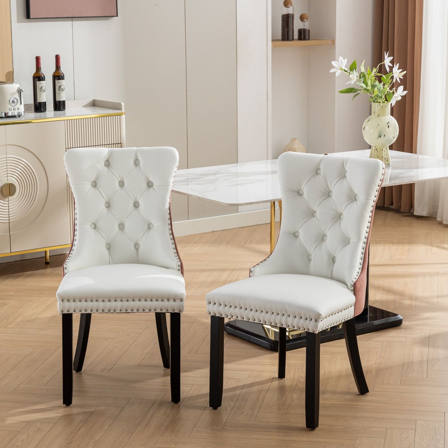 Nikki - Modern, High-End Tufted Solid Wood Contemporary And Velvet Upholstered Dining Chair With Wood Legs Nailhead Trim (Set of 2) - White / Pink