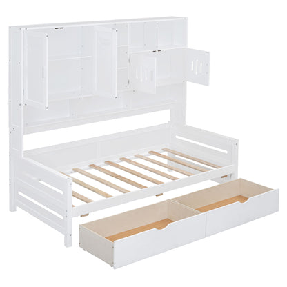 Twin Size Daybed With 2 Drawers And All In One Cabinet And Shelf - White