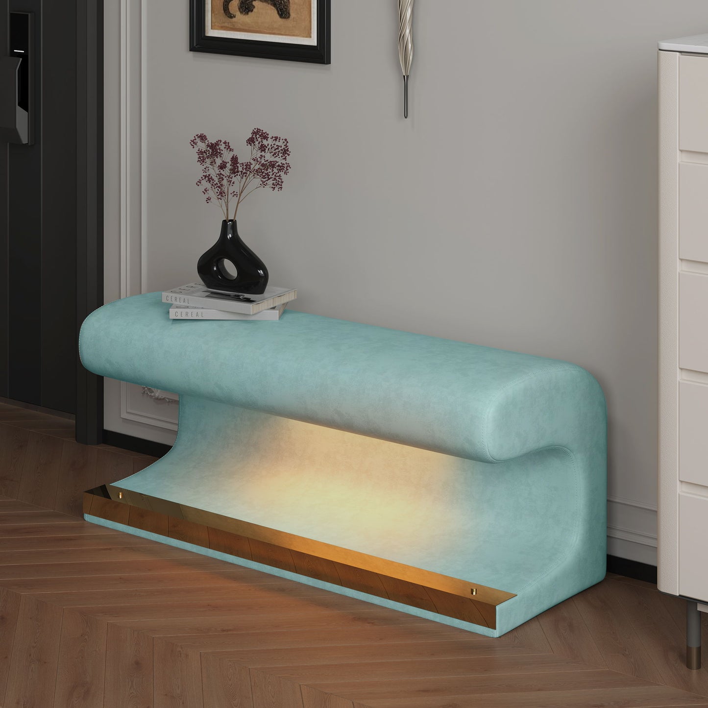 Upholstered Ottoman With LED Sensor Light Ideal For Living Room, End Of Bed - Antique Blue Green