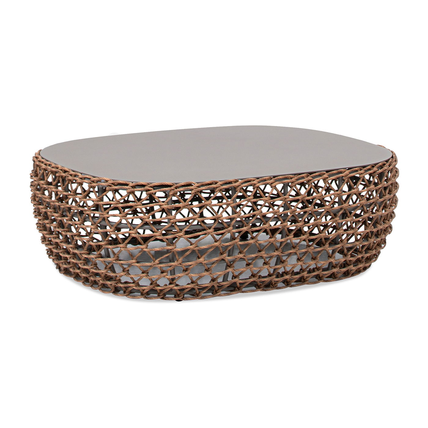 Willow - Oval Woven Patio Coffee Table, Wicker Frame - Wheat Beige / Golden Brown