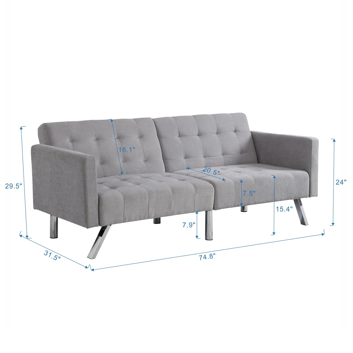 Futon Sofa Bed Convertible Folding Lounge Couch, Armrests - Light Gray