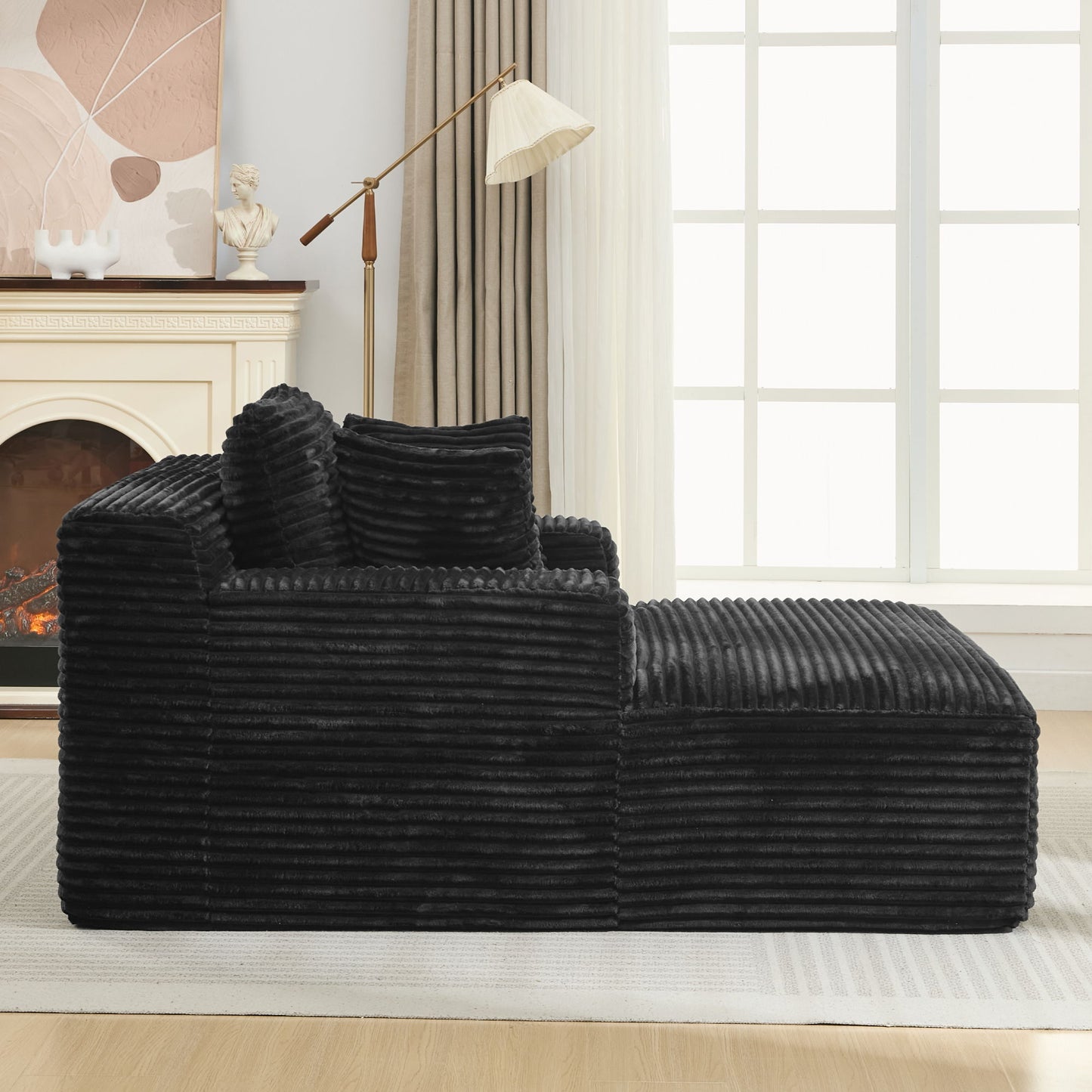 Modern Corduroy Chaise Lounge Sofa Bed With Removable Pillows, Upholstered Sleeper Sofa - Black