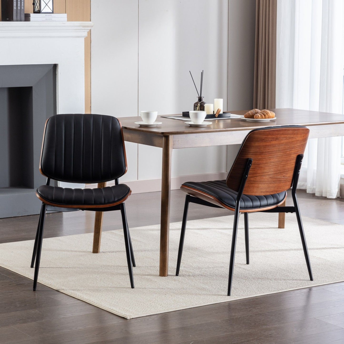 Dining Chairs Mid-Century Modern Retro Faux Leather Chair With Walnut Bentwood Back Upholstered Seat Metal Legs Adjustable Foot For Kitchen Dining Room Chairs (Set of 2) - Black