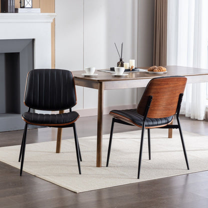 Dining Chairs Mid-Century Modern Retro Faux Leather Chair With Walnut Bentwood Back Upholstered Seat Metal Legs Adjustable Foot For Kitchen Dining Room Chairs (Set of 2) - Black