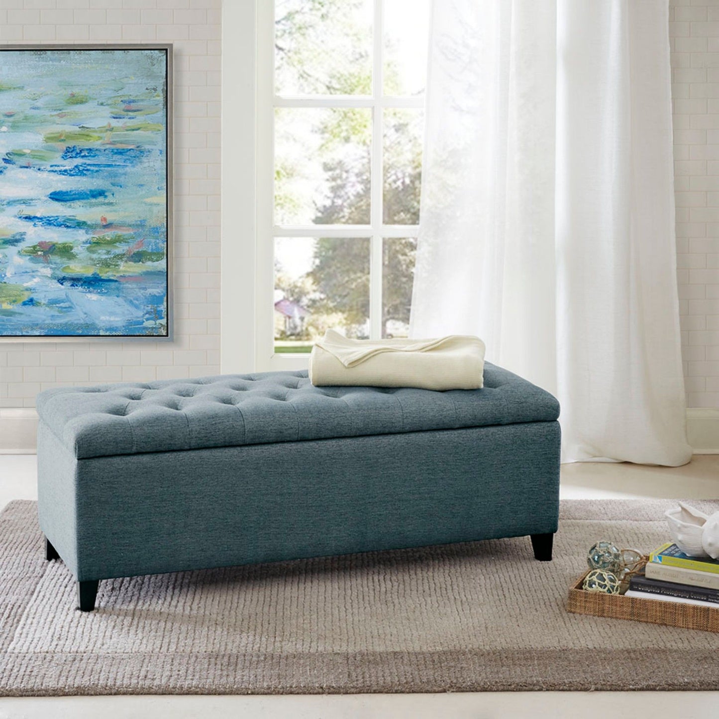 Tufted Top Soft Close Storage Bench - Blue