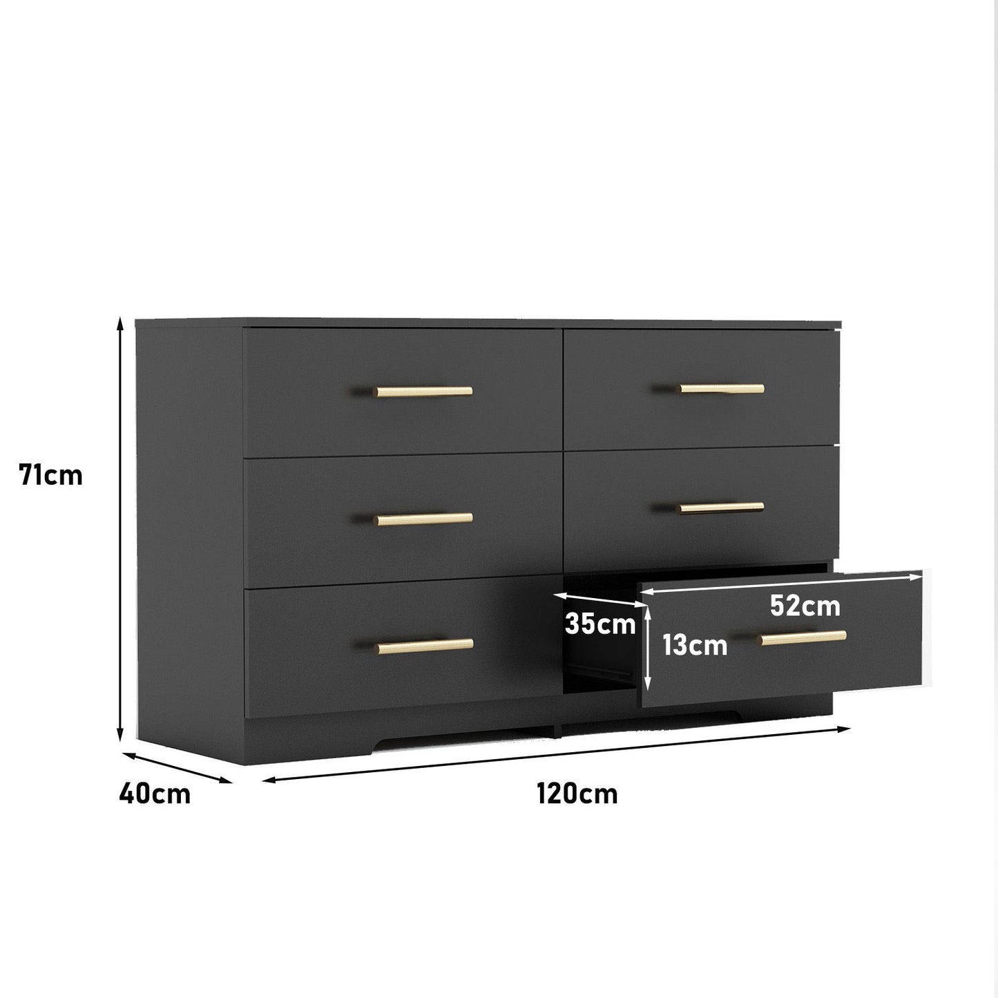 Large 6 Drawers Chest Of Drawer Dressers Table With Golden Handle - Black